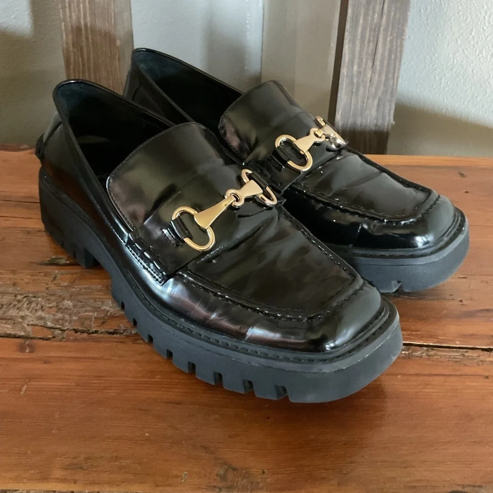 Open Edit Black Patent Leather chunky Loafers with Gold Buckle size 9.5
